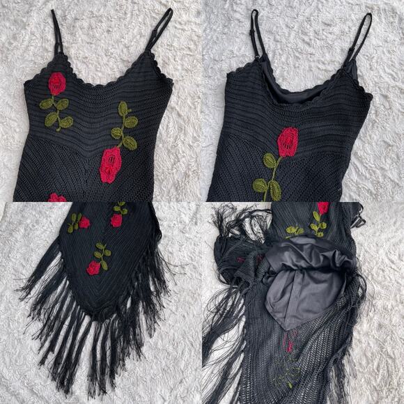 Cache crochet beaded rose floral embroidered maxi dress cocktail fringe‎ hem S - Picture 13 of 17